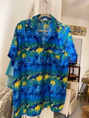 Rima Imar Blue and Yellow Tropical Palm Camp Shirt